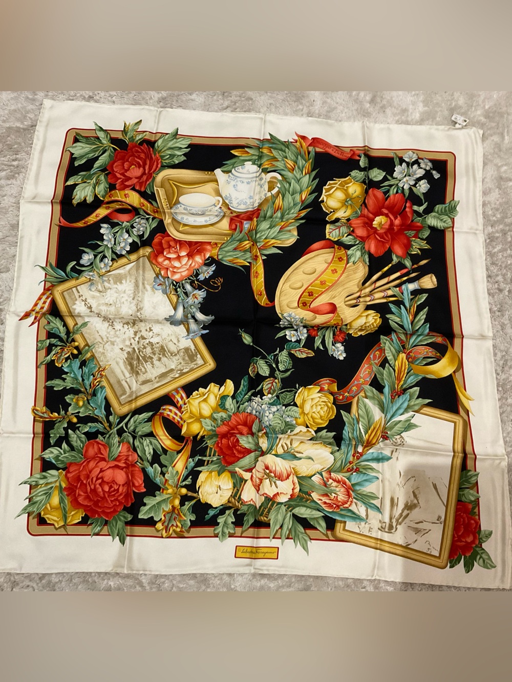 Salvatore Ferragamo Floral & Ribbon Silk Scarf in Black, Red, Yellow, Green
